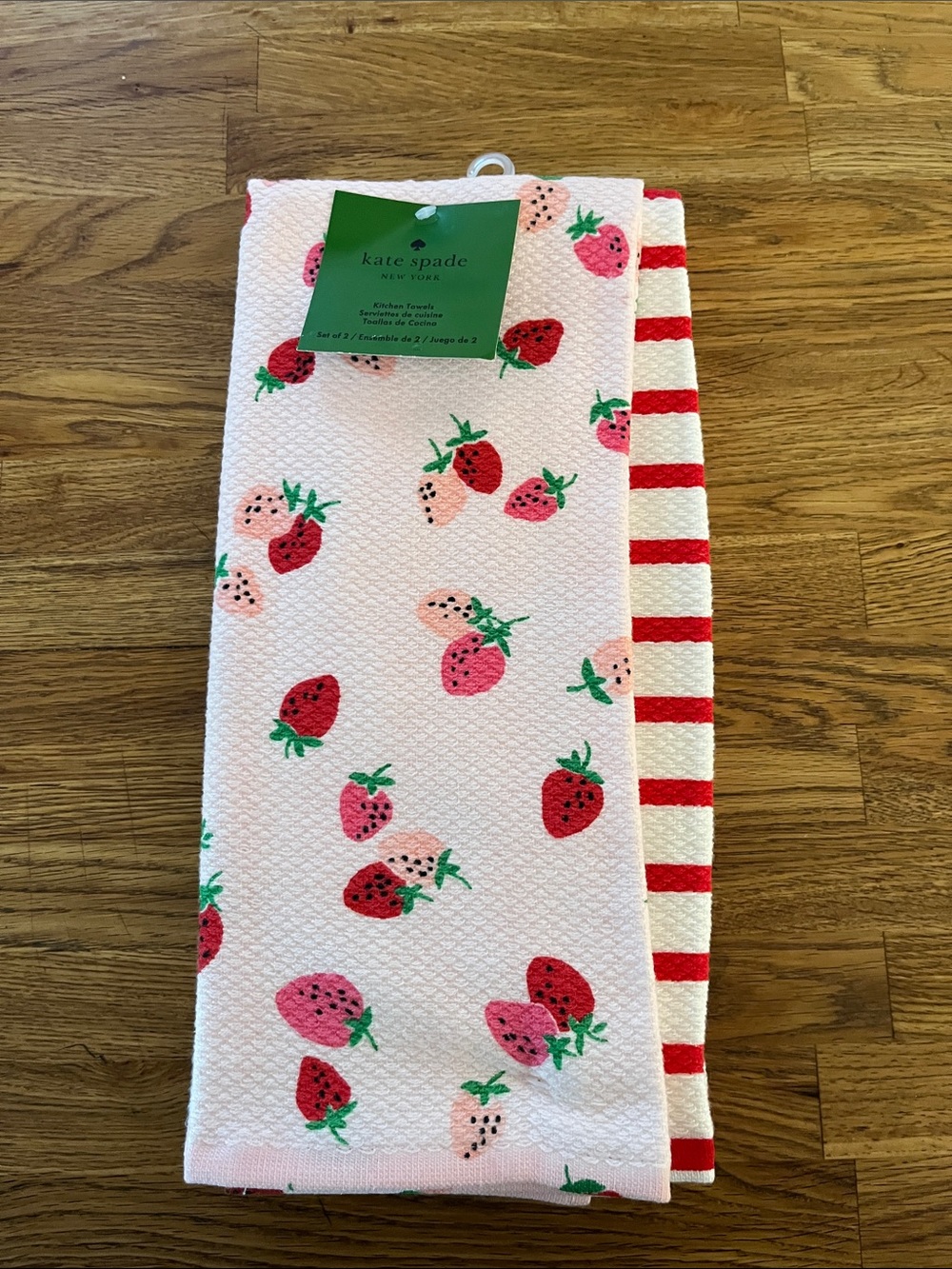 NWT kate spade Pink Strawberry & Red Stripe Kitchen Towels Set Of 2
